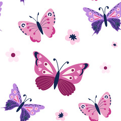 Seamless pattern featuring multiple butterflies with detailed wing designs, and decorative spots, interspersed with small floral elements. Cartoon style with soft outlines and smooth shapes. White