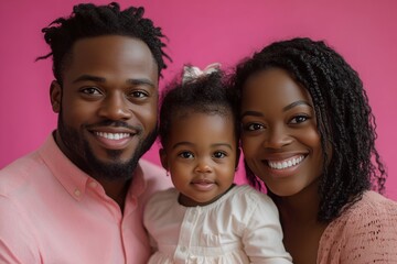 a happy family of three smiling and posing together, with a vibrant background. They are full of joy and love