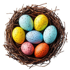 Obraz premium Colorful Easter eggs arranged neatly in a natural nest seen from above against a Transparent background, Colorful Easter eggs in a nest, top view, isolated on PNG background