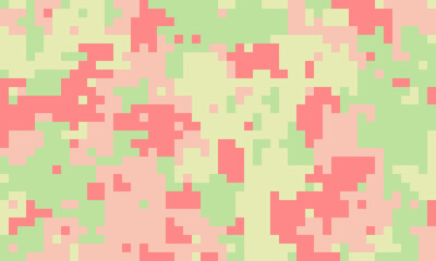 Abstract pastel pixel camo pattern. Soft pink, green, and yellow squares create a modern, digital camouflage design. Perfect for backgrounds, textiles, or playful branding.