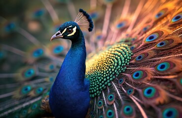 Obraz premium Colorful peacock shows iridescent plumage with various hues, patterns. Bird exhibits majestic beauty, natural splendor. Closeup of a magnificent animal with feathers, eyes, details in garden or zoo.