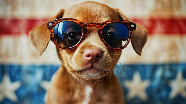 Adorable puppy with sunglasses strikes a pose in front of a colorful patriotic backdrop featuring stars and stripes while an enjoyable sunny day enhances the atmosphere.