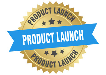 product launch. product launch round blue and gold label isolated on transparent background