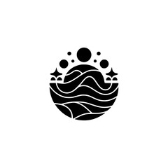 Minimalist Celestial Landscape Logo: Stars, Waves, and Spheres in Black & White