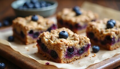 Close-up shot of baked blueberry oatmeal bars on parchment paper, rustic kitchen background. Homemade vegetarian healthy breakfast snack. Delicious bars on wooden tray.