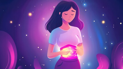 Woman with glowing stomach, expressing internal pain or discomfort.