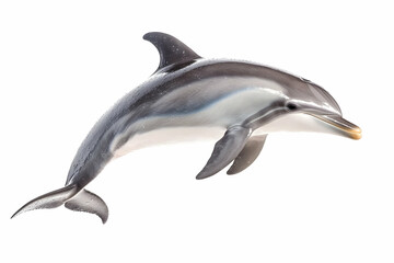 Fototapeta premium A graceful dolphin leaps against a stark white backdrop, showcasing its sleek body and powerful form
