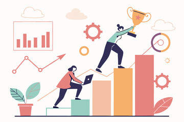 Business Teamwork & Success Illustration: Climbing Growth Chart to Achieve Goals & Reach Trophy.
