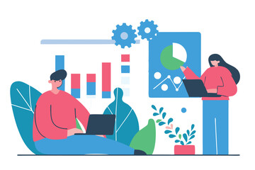 Business Growth and Innovation Illustration – Teamwork, Data Analytics, and Strategy in Modern Flat Design. Adobe Illustrator Artwork.
