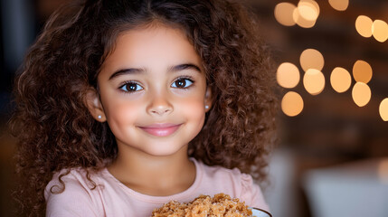 A smiling girl with curly brown hair holds a bowl