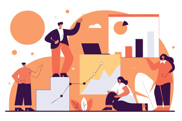 Business Growth and Innovation Illustration – Teamwork, Data Analytics, and Strategy in Modern Flat Design. Adobe Illustrator Artwork.