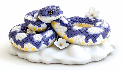 Fototapeta premium A stylized, blue and white snake coiled on a cloud-like surface, adorned with delicate white flowers