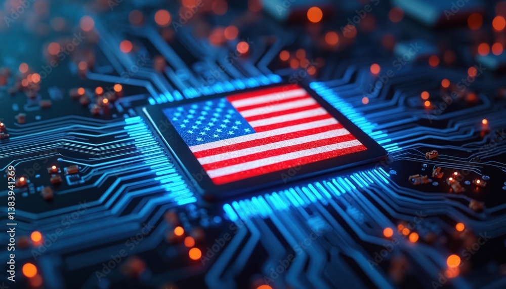 Poster computer chip with american flag design. digital circuit board with us flag symbol represents innova