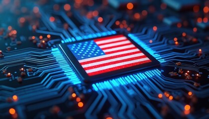 Computer chip with American flag design. Digital circuit board with US flag symbol represents innovation, cybersecurity, modern digital advancements. Tech innovation USA. Artificial intelligence,
