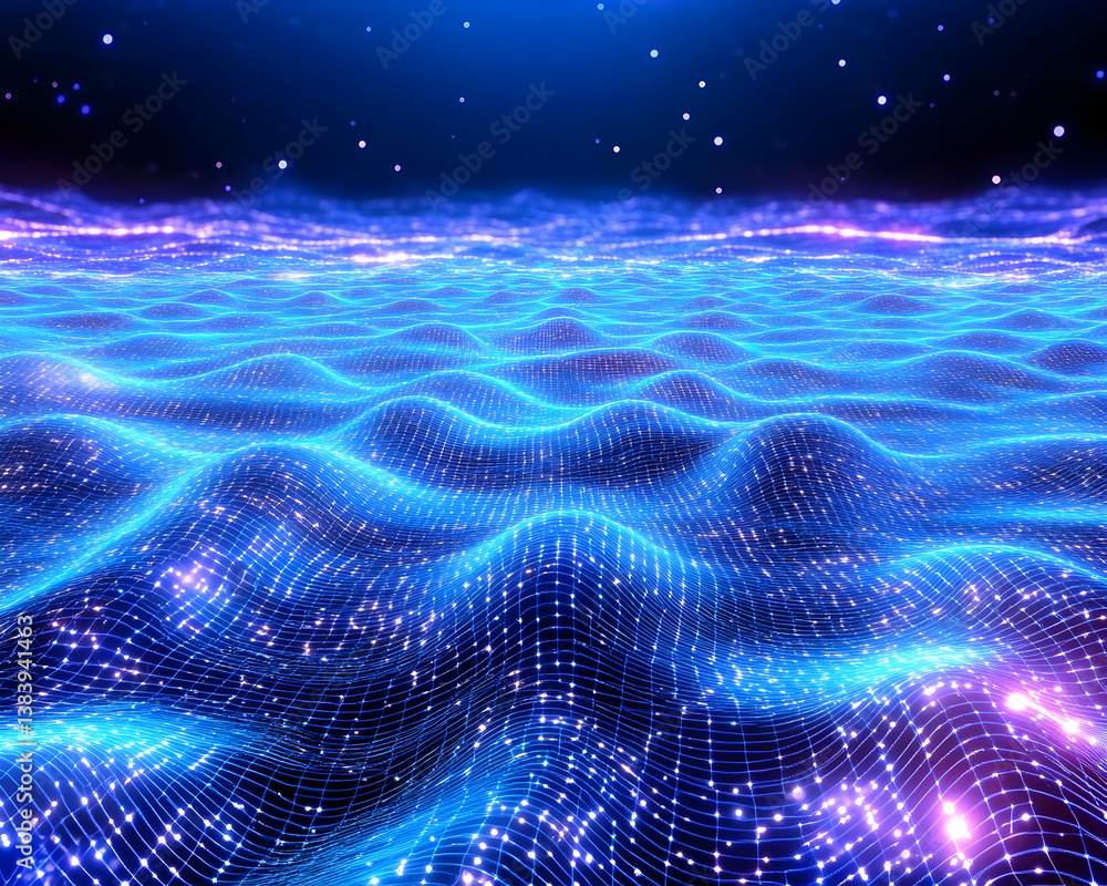 Poster abstract glowing blue digital landscape with wavy grid pattern and sparkling particles under a starr
