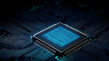 Closeup Of Glowing Microchip On Dark Circuit Board
