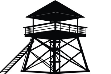 Watchtower silhouette icon, vector illustration of a silhouette watchtower on a hill with a winding path, suitable for outdoor and adventure designs.