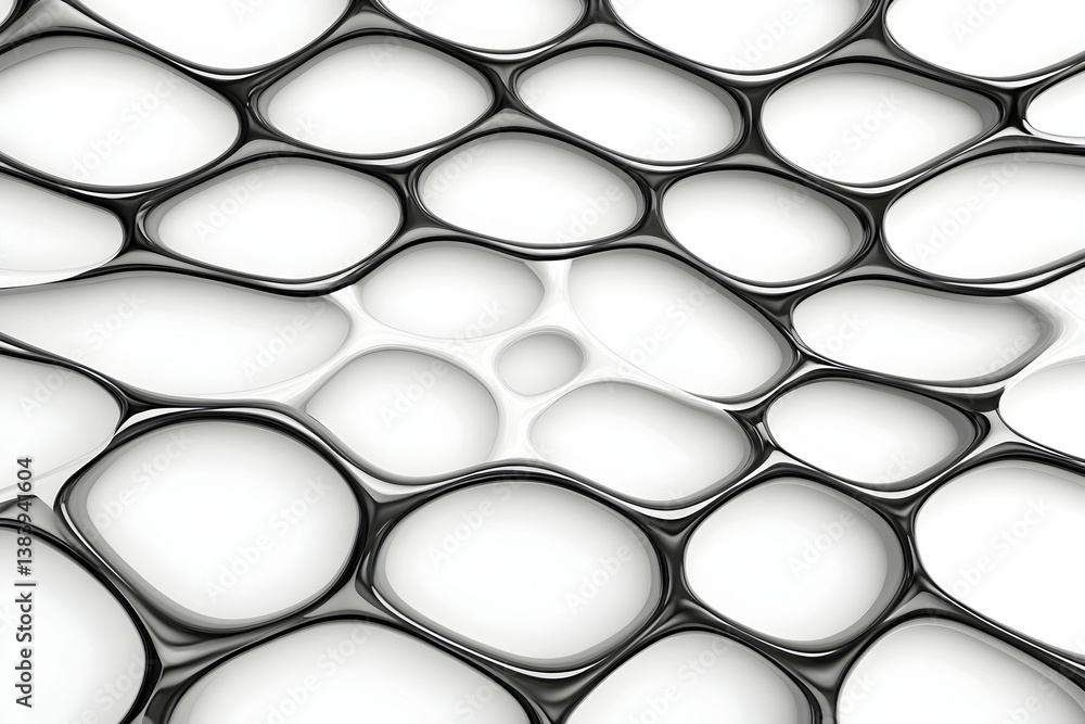 Poster abstract monochrome organic shapes, interconnected, creating a textured, three-dimensional network