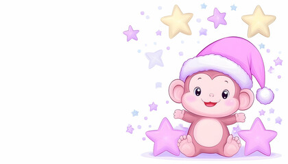 Adorable cartoon monkey in Santa hat amidst stars