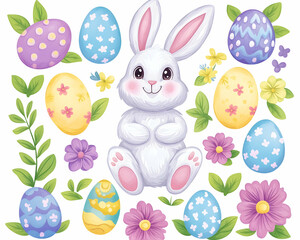 Obraz premium Adorable Easter bunny surrounded by pastel eggs and spring flowers
