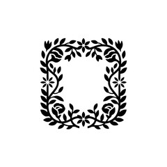Elegant Floral Frame, Black Silhouette on White, Vintage Ornament