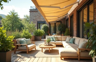Sunny terrace features retractable awning stylish outdoor furniture plants. Comfortable modern living space with cozy inviting mood. Residential architecture decor on sunny day. Patio area with table