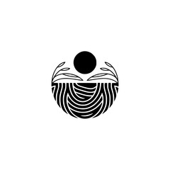 Minimalist Landscape Icon: Black Circle, Leaves, Sun, Serene Abstract Design