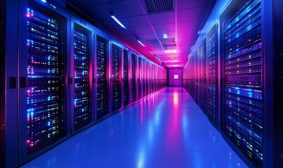 Fototapeta premium An Empty server room with rows of computers, illuminated by neon lights, creating a futuristic and tech-focused atmosphere. A perspective shot of the server room's corridor
