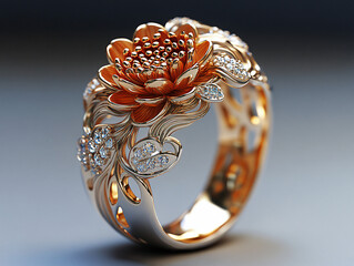ornate gold and silver ring with detailed floral engravings and gemstone accents, luxury fashion accessory showcasing elegant metalwork and handcrafted jewelry design
