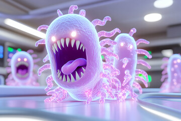 Fototapeta premium Cartoon virus illustration in a lab setting, showing several monstrous microbes with glowing eyes and sharp teeth
