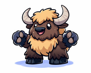 Fototapeta premium Cheerful cartoon yak with fluffy brown fur, large horns, and paws raised