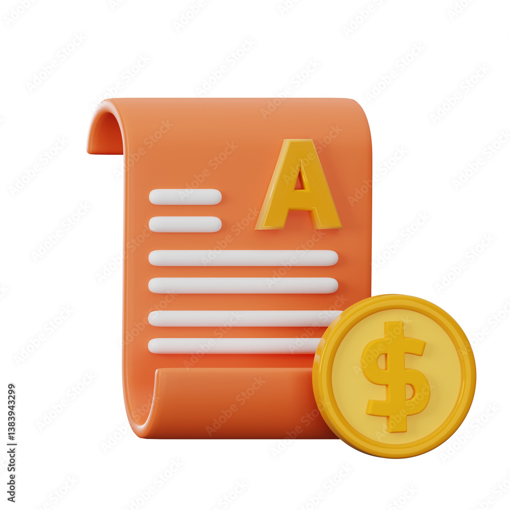 Fototapete this image is a 3d stylized rendering of a document and a golden coin.