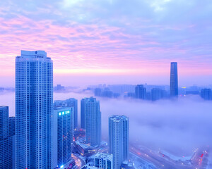 Cityscape at sunrise, shrouded in a thick fog, with tall buildings and pastel sky