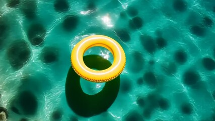 Bright yellow pool float in clear blue water casting a circular shadow under the sun at a vibrant summer pool