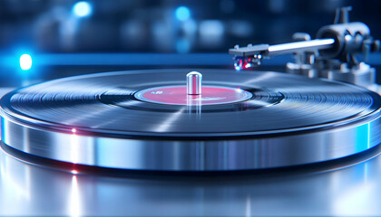 Close-up of a vinyl record playing on a turntable