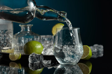 Vodka is poured into a glass with ice.