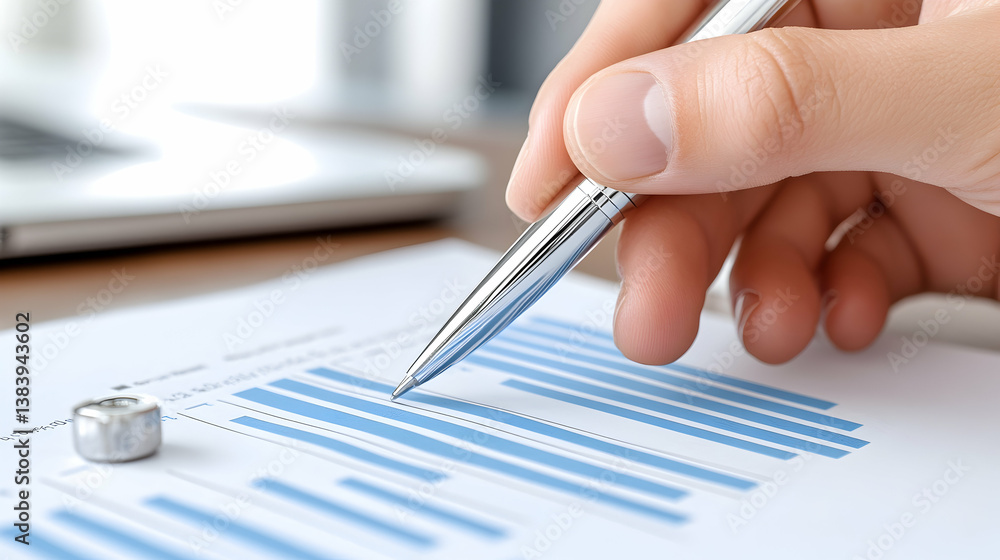 Poster close-up of hand reviewing bar graph data with pen