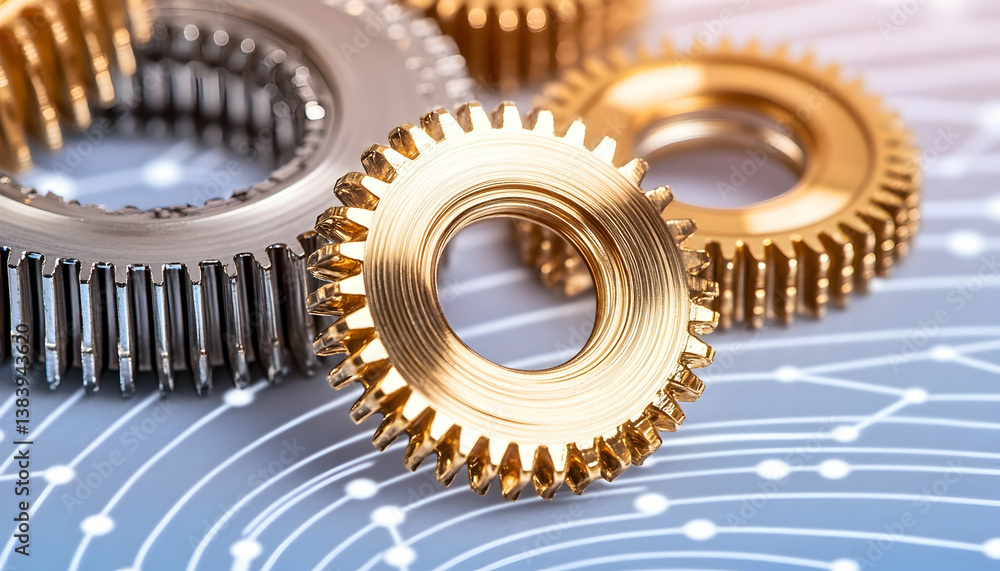 Poster close-up of interlocking metallic gears on a network background