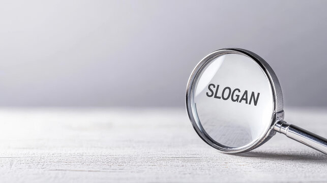 Magnifier enlarges word slogan highlighting brand clarity in minimalist marketing concept