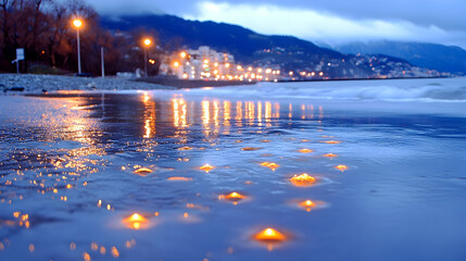 Coastal city lights reflected in tranquil, candlelit water at twilight