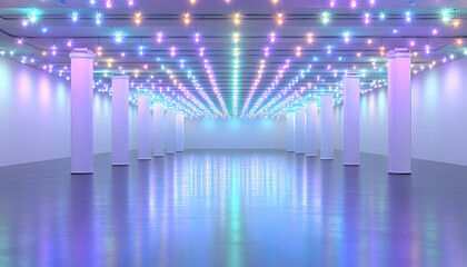 Colorful illuminated spacious hall with reflective floor and columns