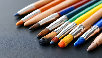 Colorful paintbrushes arranged on a dark surface