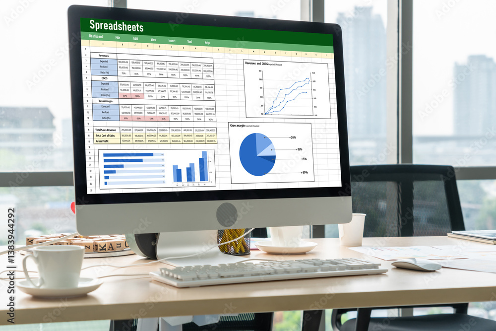 Poster spreadsheet document information financial startup concept. data and graphs in spreadsheet documents