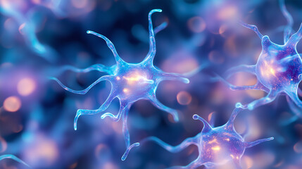 Futuristic glowing neurons in purple and blue tones, scientific illustration of neural network and brain activity
