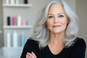 Fototapeta premium Confident mature woman with stylish silver hair, arms crossed, in a salon setting
