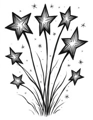 Graphic illustration black shooting stars with thin lines. Symbol for celebration holiday. Design element for greeting cards, posters, invitations, festive decorations. Isolated white background,