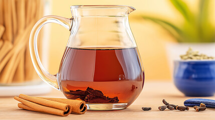 Homemade cola in a glass pitcher with spices on a wooden table, evoking warmth and flavor, perfect for cozy gatherings and seasonal enjoyment