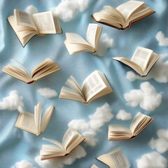 Open Books Floating on Blue Textured Background with Soft White Clouds