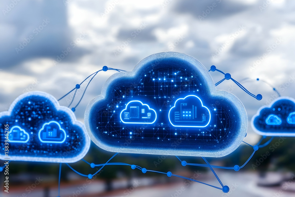 Poster digital cloud network depicting industrial automation and data flow