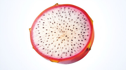 Round dragon fruit slice showcasing high contrast details of white flesh and black seeds on a white background